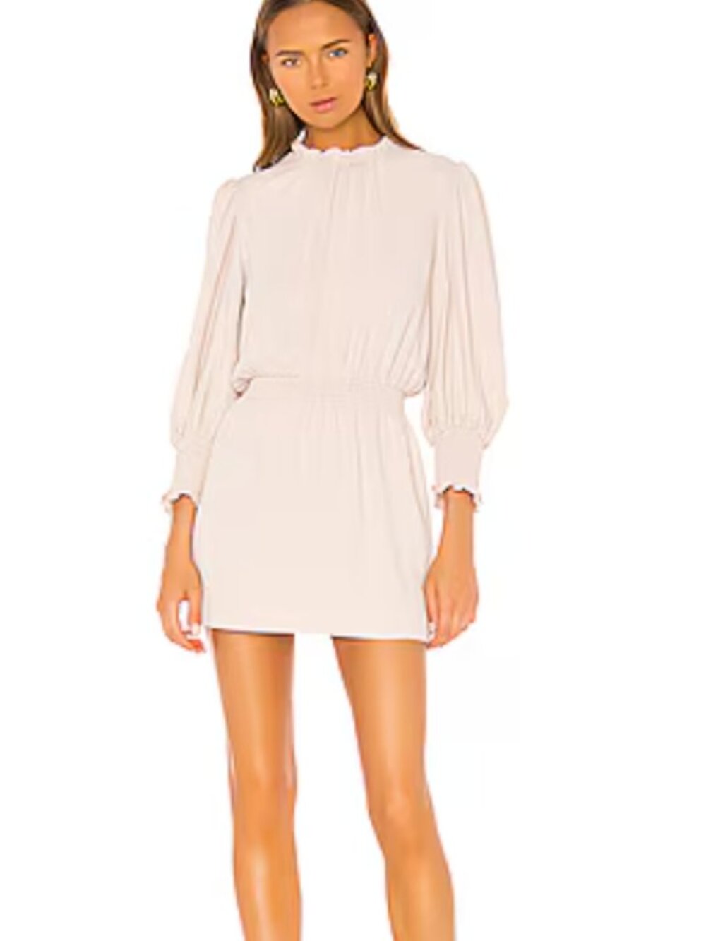 Amanda Uprichard Blush Pink Ruffle-Neck Smocked Waist Dress XS Vista long sleeve